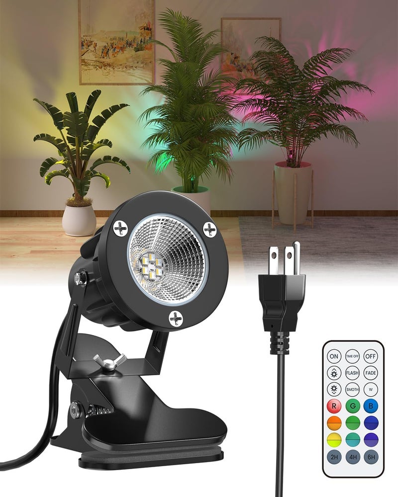 TobeBright 6W RGB LED Spot Light Clip On with Remote Control, Plug in Spotlight Indoor and Outdoor IP65 Water Resistant with 1.78m Cord, 15 RGB Colors + Warm White 3000K - Image 1